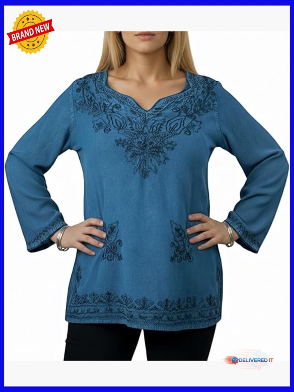 Long Sleeve Embroidered Bohemian Tunic Blouse Sweetheart Neck